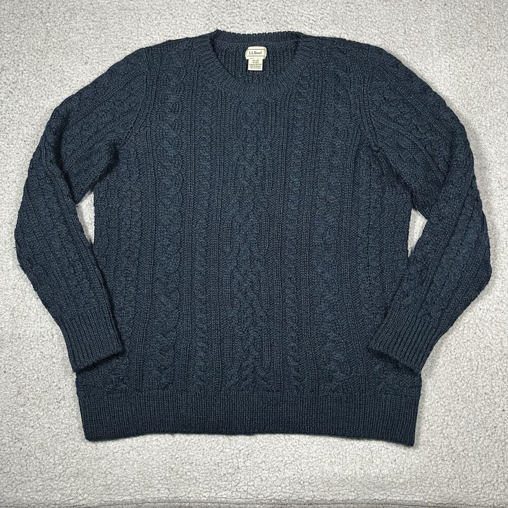 LL Bean Fisherman Sweater Womens XL Blue Green Knit Wool Made Ireland Crewneck